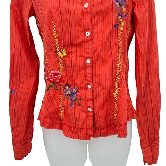 Johnny Was 3 J Workshop Women's XS Button Down Shirt Coral Embroidered Blouse - Picture 4 of 15